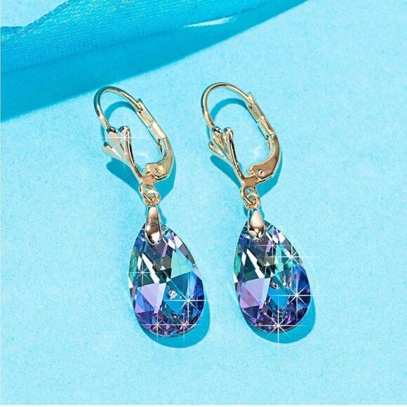 14K Yellow Gold with Vitrail Light Austrian Crystal Teardrop Leverback Earrings - Picture 2 of 6